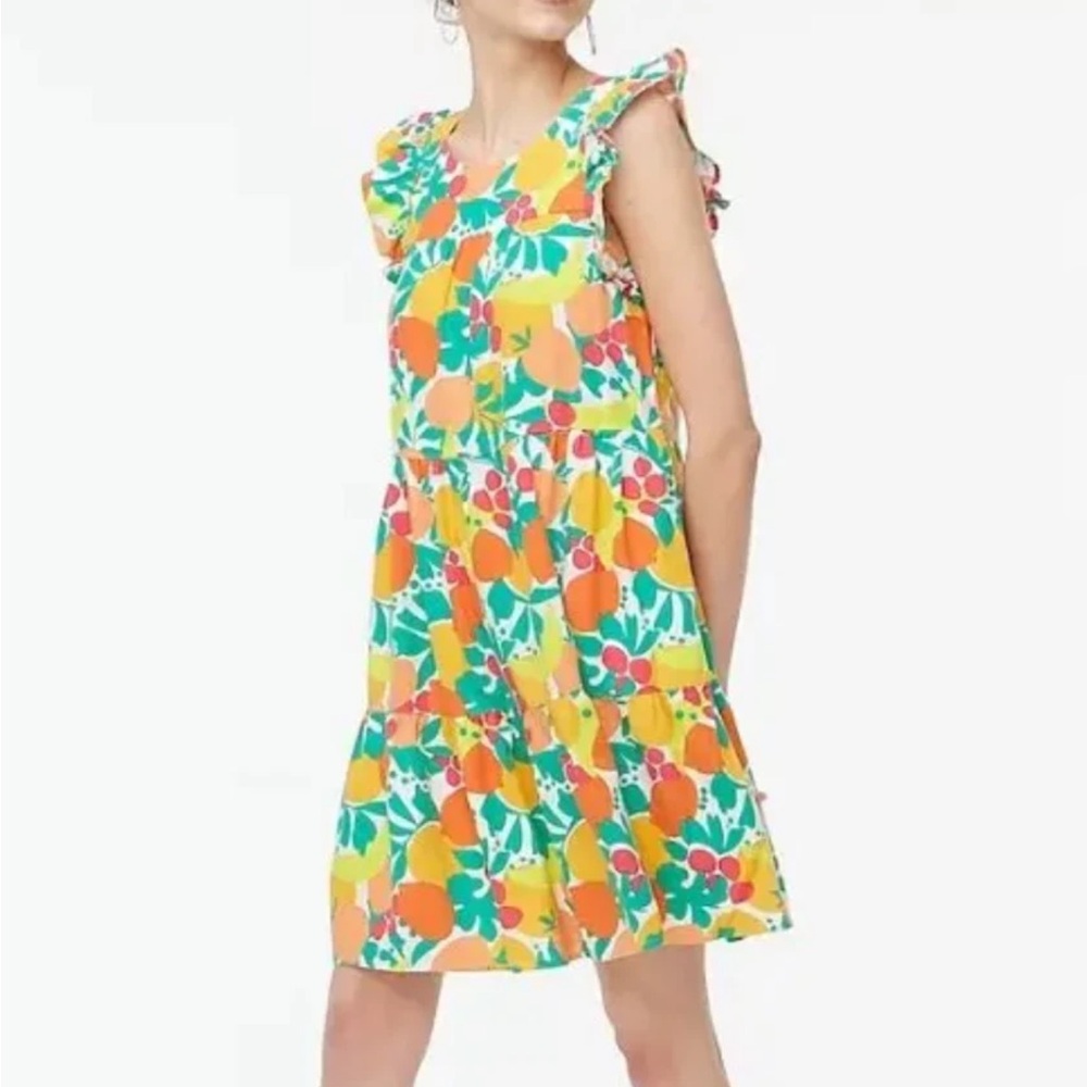J Crew Tiered Shift Dress Size 2 Fruit Citrus‎ Print Linen Blend